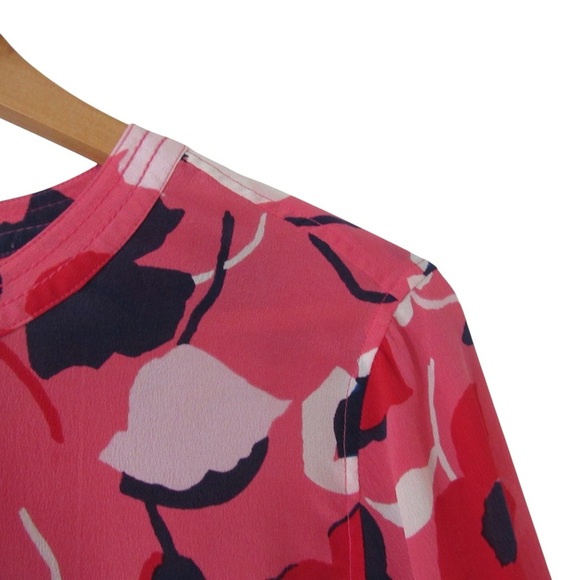 Talbots Pink Red Floral Silk Blouse Large Long Sleeves Roll Tab Careerwear - Picture 4 of 11
